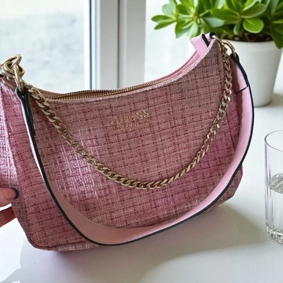 Guess Bags Guess Pink Woven Leather Shoulder Bag With Gold